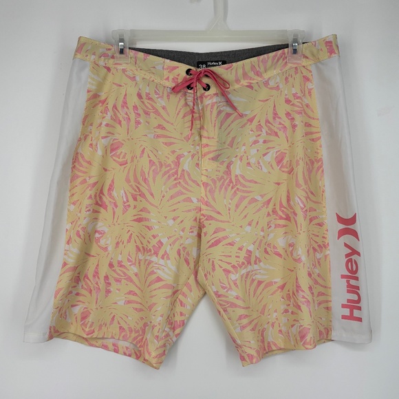 Hurley Mens Size 38 Swim Trunks Hybrid Shorts Yellow Pink Tropical Leaf Print 9" - Picture 1 of 8